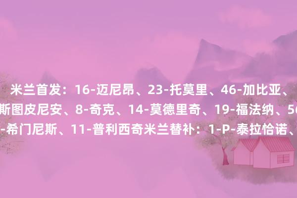 米兰首发:16-迈尼昂、23-托莫里、46-加比亚、31-帕夫洛维奇、2-埃斯图皮尼安、8-奇克、14-莫德里奇、19-福法纳、56-萨勒马科尔斯、7-S-希门尼斯、11-普利西奇米兰替补:1-P-泰