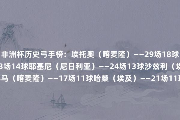 非洲杯历史弓手榜：埃托奥（喀麦隆）——29场18球波库（科特迪瓦）——13场14球耶基尼（尼日利亚）——24场13球沙兹利（埃及）——10场12球姆博马（喀麦隆）——17场11球哈桑（埃及）——21场11球德罗巴（科特迪瓦）——24场11球穆兰巴（民主刚果）——9场10球桑托斯（突尼斯）——12场10球蒂埃希（科特迪瓦）——15场10球    体育录像/图片